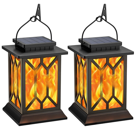 BOBKID 2 Pack Solar Lanterns Outdoor Waterproof, Flickering Flame Outdoor Lights, Hanging Solar Lantern Lamps Decorative, Solar Powered Lighting for Outside Garden Yard Patio Path Tree Decor
