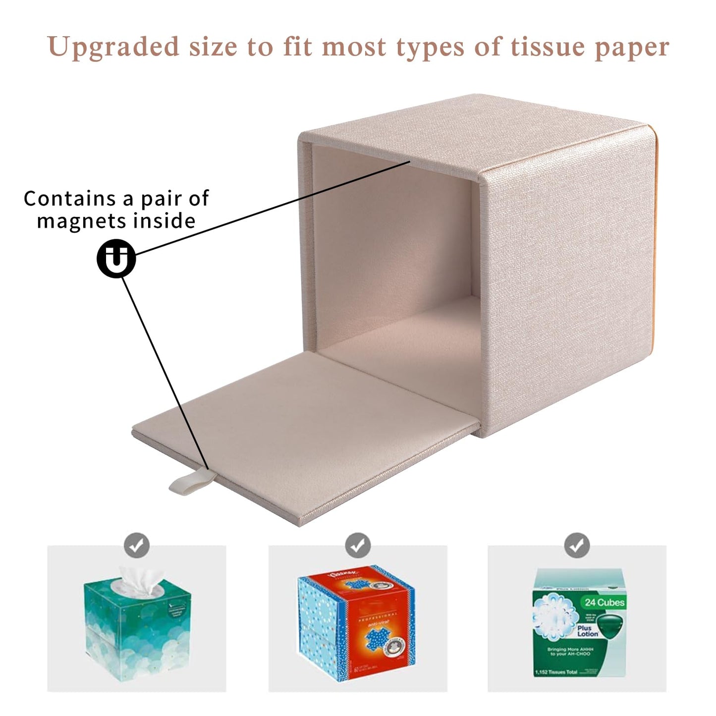 RHCSZ Linen Square Tissue Box Cover,Cube Tissue Box Holder－Excellent Rosegold Leather Decoration,Table Napkin Case Dispenser,Facial Tissues Organizer with Magnetic Bottom for Home Office Car(Beige)