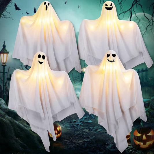 Halloween Hanging Ghosts Outdoor Decorations, 4 Pack 28" Cute Hanging Ghosts Decor Outdoor, Halloween Flying Ghosts for Home Porch Patio Lawn Garden Party Décor and Holiday Decorations