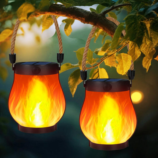 Solar Lanterns Outdoor Waterproof, 2 Pack Hanging Solar Lights for Outside, Flickering Flame Hanging Lanterns, Dual Charging USB/Solar Powered Outdoor Lanterns for Porch Yard Garden Patio Decor