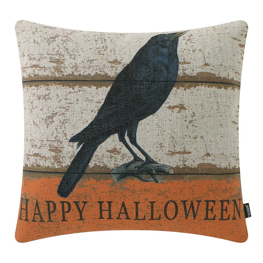 TRENDIN Vintage Halloween Pillow Cover, 18x18 inch Farmhouse Orange and Black Crow Square Throw Pillowcase Home Chair Office Linen Cushion Cover for Sofa Couch PL726TR