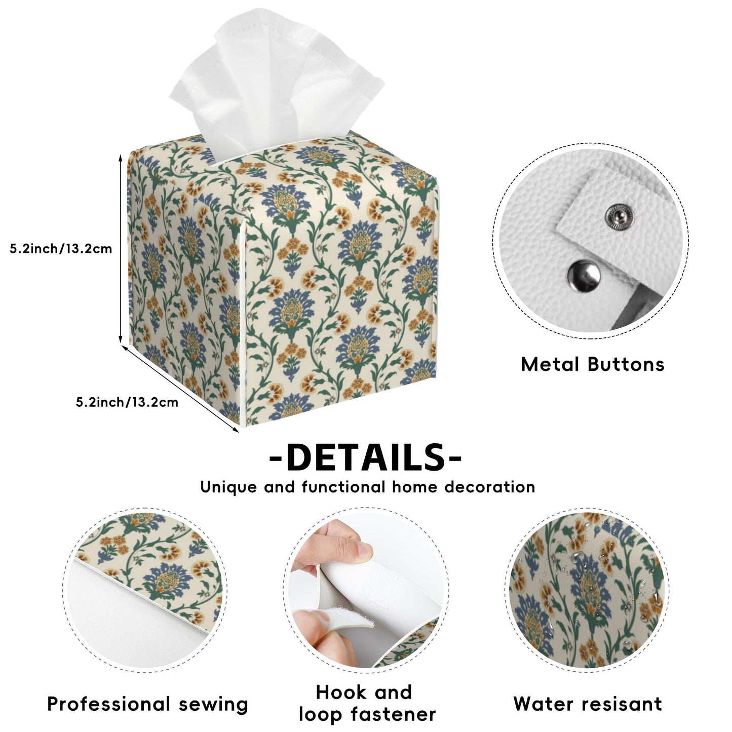 Turkish Motifs Tissue Box Cover Square,Tissue Box Holder with Belt Bottom,Stylish Leather Napkin Holder for Vanity Countertop,Nightstands,Office Desk,5.2"×5.2"×5.2"