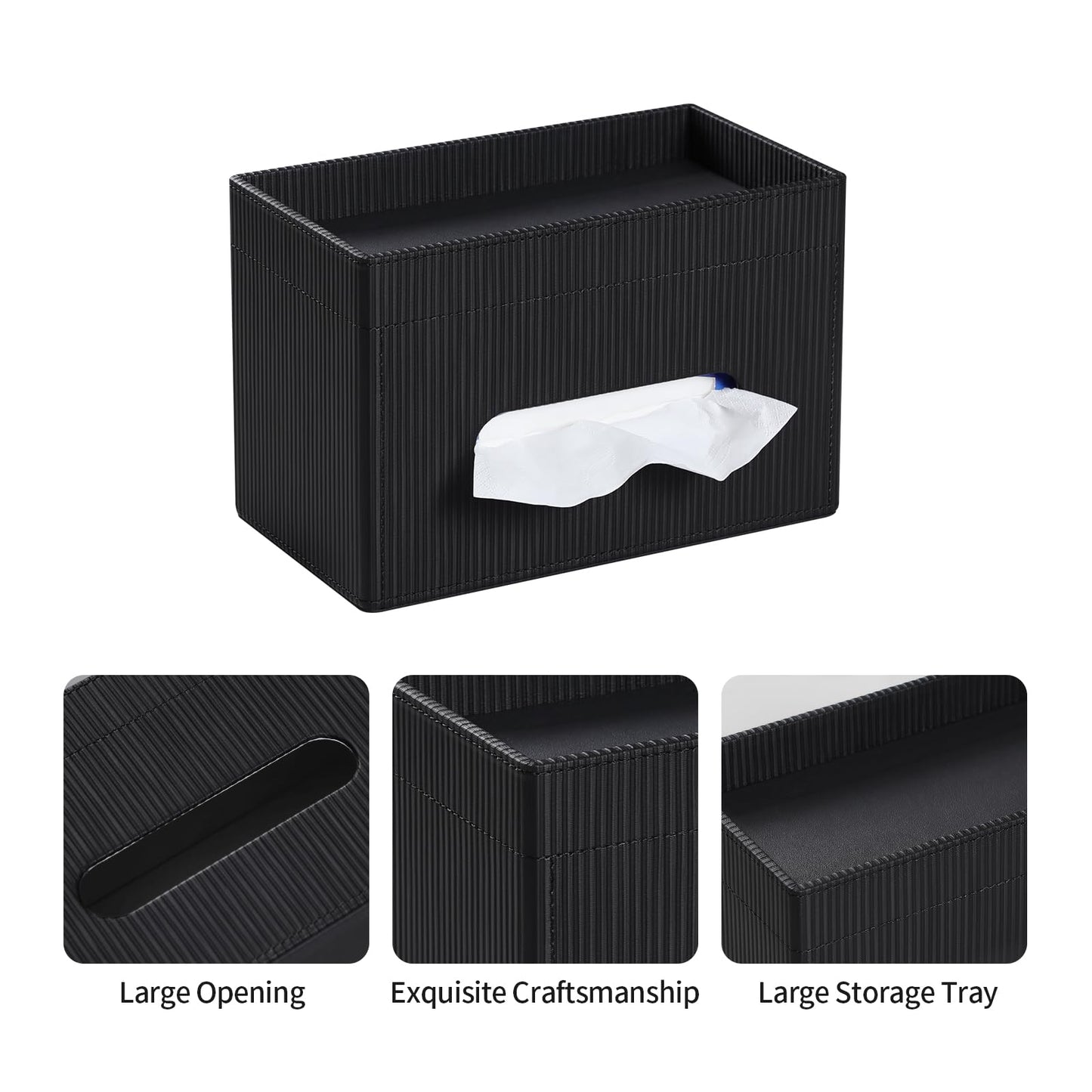 Cretkhp Tissue Box Cover Rectangle with Storage Tray, PU Leather Tissue Holder for Bathroom Vanity Countertop Night Stands Bedroom Office Desk, Stylish Rectangular Tissue Box Holder (Black)