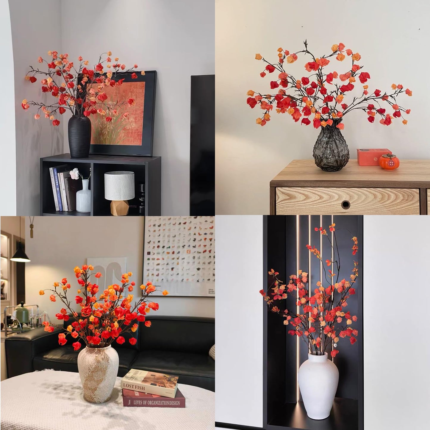 Fall Physalis Branches - 37" Faux Red Berry Stems, fake Flowers for Vase
