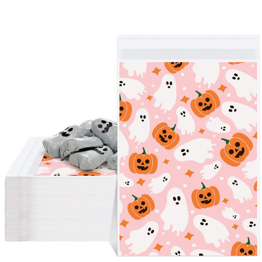 Whaline 100Pcs Halloween Treat Bags Self Adhesive Pink-Orange Ghost Pumpkin Candy Goodie Bag Cute Buffet Favor Bag for Trick or Treat Birthday Party Supplies