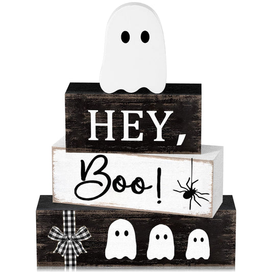 Cinnvoice 4 Pcs Halloween Table Decorations Ghost Tiered Tray Decor Farmhouse Ghost Tabletop Centerpiece Rustic Wooden Block Sign Gift Halloween Decor for Home Office Mantel Kitchen Shelf(Pretty)
