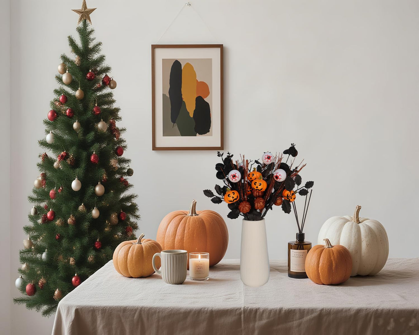 YLEALTH 5PCS Artificial Halloween Flowers,13.4 Inch Artificial Pumpkin Maple Leaf Floral Stems Branches &Eyeball Halloween Decoration for Indoor Home Farmhouse Party Table Vase Décor