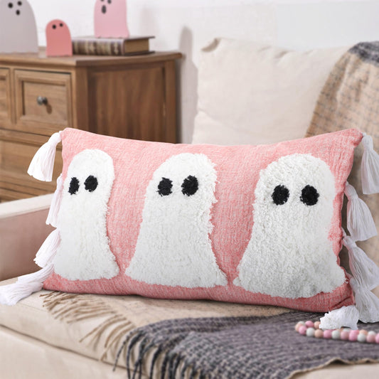 Yuntau Halloween Ghost Throw Pillows Cover Decorative Pink Ghost Shaped Pillowcase Embroidery Cushion Cover Cute Halloween Decorations for Home Bedroom Bed Sofa Living Room Outdoor Party Decor