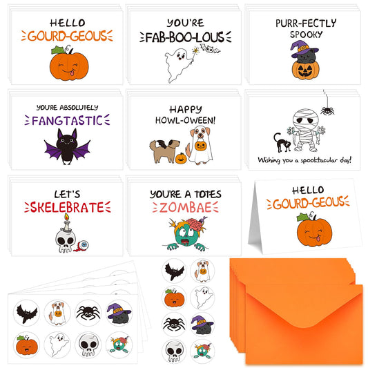 Geyoga 32 Pack Funny Halloween Cards Bulk with Envelopes Stickers 4 x 6 Inch Pun Halloween Blank Greeting Cards for Kids for Party Supplies, 8 Designs