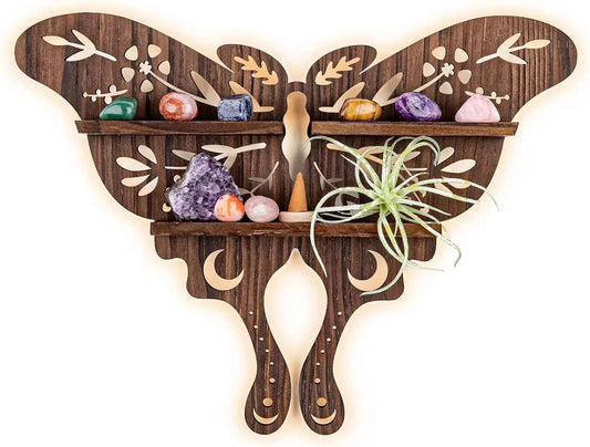 ANROYE Luna Moth Crystal Shelf Display, Boho Pine Wood Wall Floating Shelves with Light for Gem Stone Essential Oil Storage, Bohemian Wooden Butterfly Hanging Witch Rustic Decor Holder