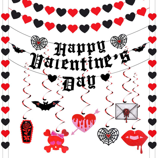 Janinka Gothic Valentines Decor Spooky Goth Valentine Day Decor Black Romantic Gothic Heart Garland Black Bat Theme Banner Garland Pre-assembled Hanging Heart Swirls for Wedding Engagement Anniversary