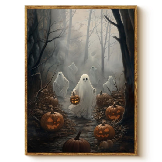 WHASAYART Spooky Halloween Haunted Forest with Jack-O-Lanterns 12x16 Framed Canvas Print, Ghosts Dancing Walking Through Misty Forest Pumpkins Artwork, Vintage Home Living Room Bedroom Office Decor