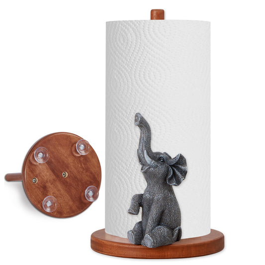 Elephant Paper Towel Holder,Natural Animal Kitchen Decorative,Cute African Elephant Wooden Stand Countertop Anti Slip,Gifts for Women,Halloween Cottagecore Farmhouse Home,4 Suction Cup