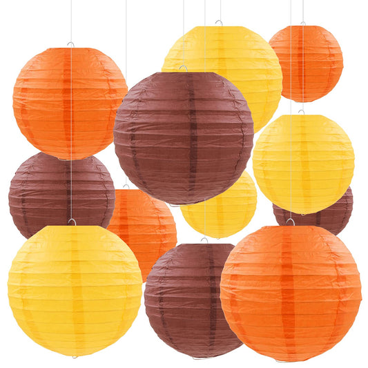 PheiLa 12 Pcs Fall Paper Lanterns Thanksgiving Decorations Yellow Orange and Brown Paper Lanterns Autumn Decorative Round Hanging Party Decorations Harvest Theme Party Supplies