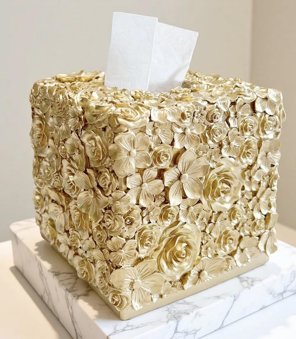 Huitony Square Tissue Box Cover Decorative Kleenex Box Holder for Bathroom & Living Room with Handcrafted Texture (Rose Gold)