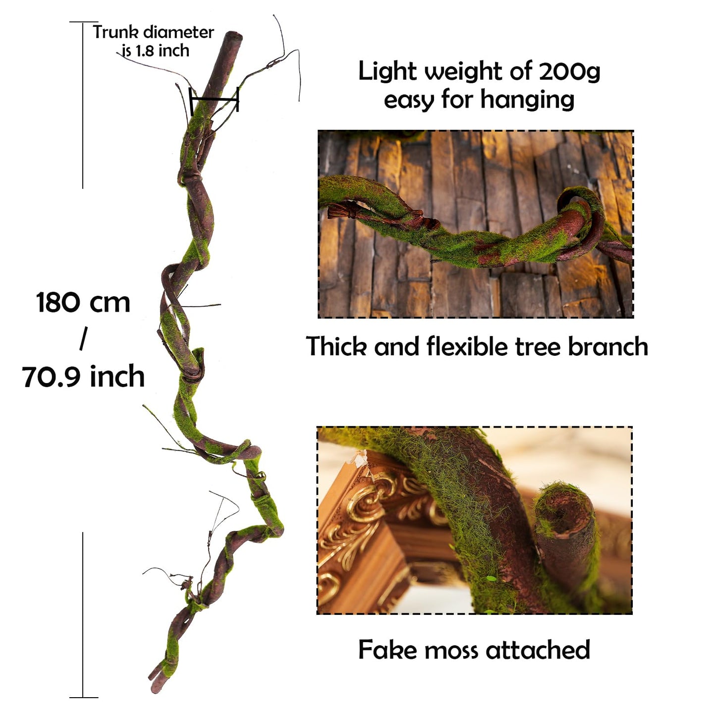 70.9in Realistic Bendable Mossy Tree Branches Reptile Jungle Vines Hanging