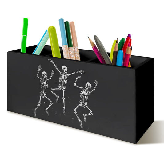 KAOWT Gothic Skeleton Gifts Pen Pencil Utensils Holder, Funny Spooky Dancing Skeleton Wooden Pen Holder for Home Office Kitchen Desk Decor, Holder Sign Organizer forHome Office Desk Accessories
