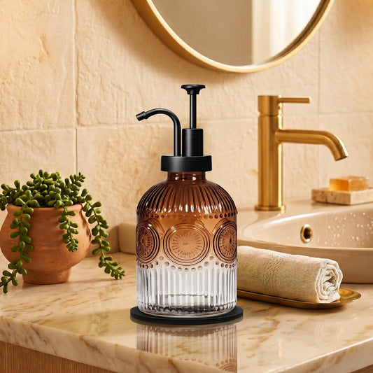 12 Oz Vintage Glass Soap Dispenser with Rust-Proof Pump, Refillable Hand Soap, Dish Liquid, Lotion & Detergent Bottle for Bathroom, Kitchen and Laundry Room, Antique Rustic Farmhouse Decor (Brown)