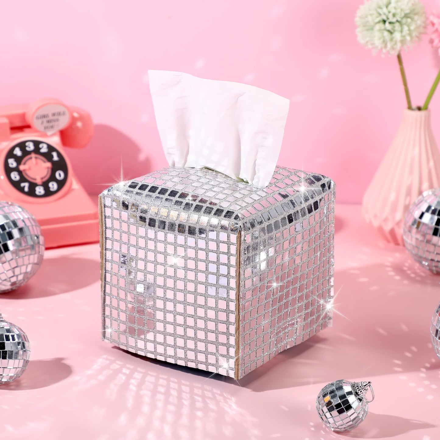 CroBlissful Disco Ball Tissue Box Cover Glitter Silver Square Rectangular Bling Paper Holder Sparkle Tissue Box for Bathroom Vanity Countertop Tabletop Car Office(Small,Disco Fabric,1)