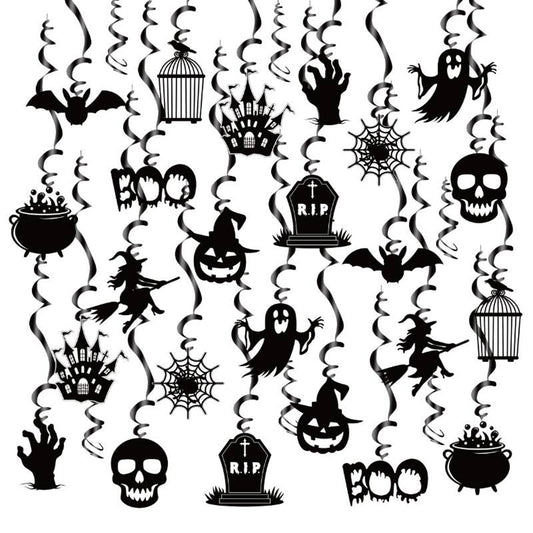 Halloween Hanging Swirls Decorations, LMSHOWOWO 30PCS Foil Hanging Ceiling Swirls Streamers with Black Spooky Ghost Witches Bat for Halloween Home Classroom Office Tree Door Porch Ceiling Decor