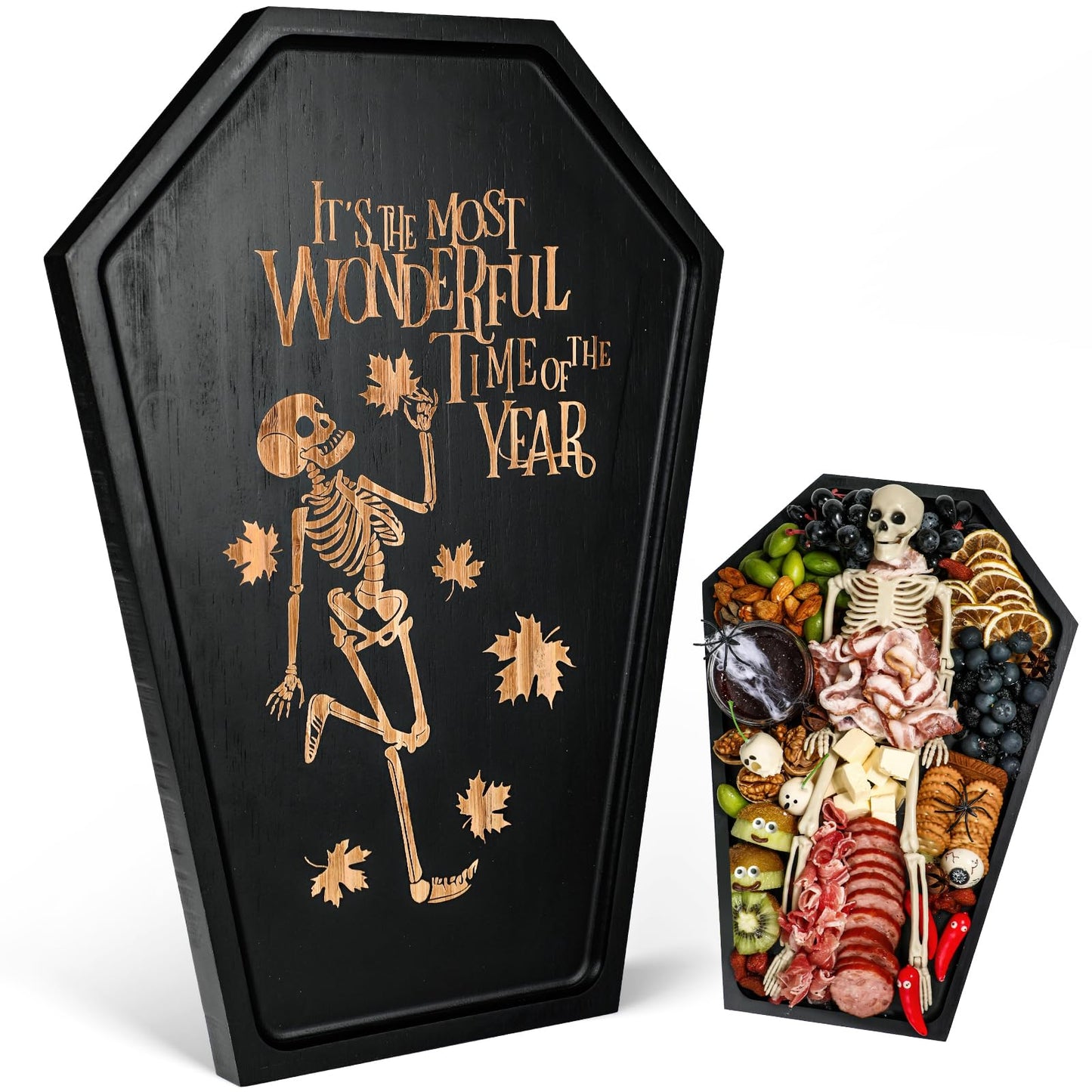 Webake Large Coffin Charcuterie Board - New Skeleton Design, 16.5" x 11.5" Spooky Serving Tray for Ample Food Display, Halloween Wooden Meat & Cheese Board, Perfect Spooky Gothic Decor