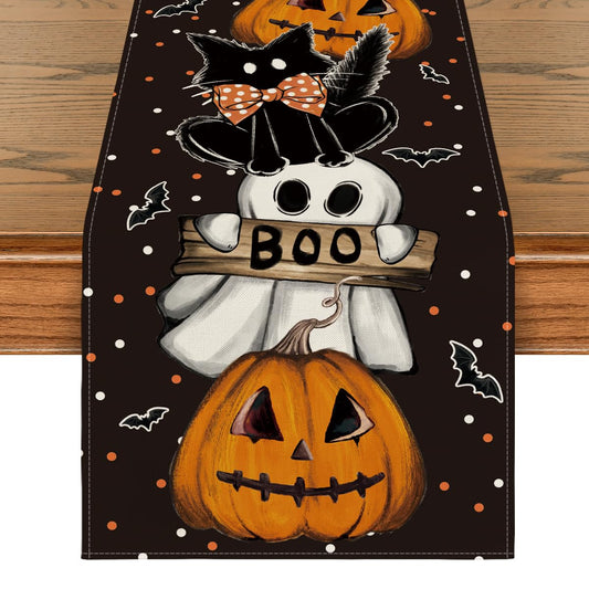 Artoid Mode Polka Dot Ghost Pumpkin Cat Boo Halloween Table Runner, Bat Seasonal Fall Kitchen Dining Table Decoration for Home Party Decor 13x90 Inch
