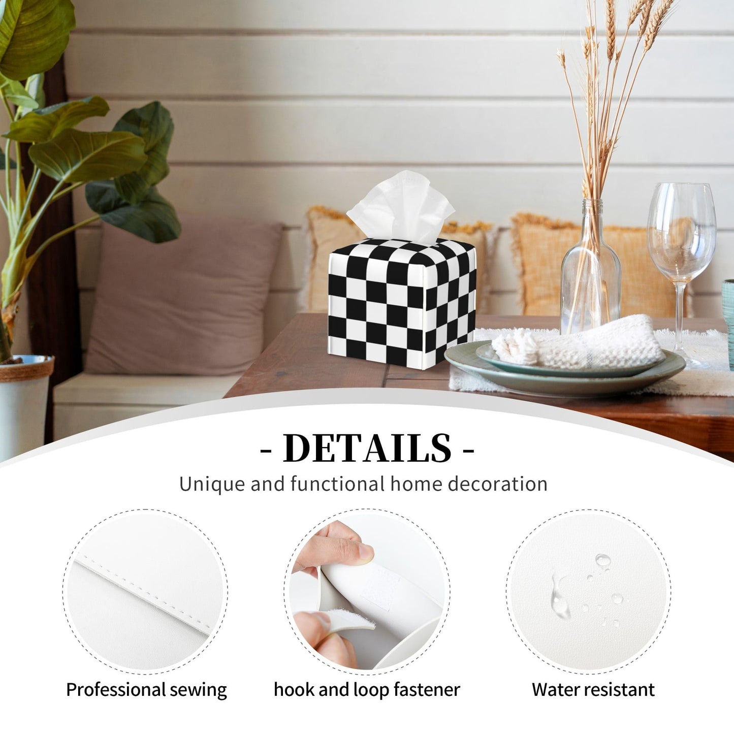 Black and White Checkerboard Tissue Box Cover Square,Square Grid Checkered Tissue Box Holder Waterproof Leather Facial Paper Organizer Dispenser for Bathroom Home Car Nightstand Vanity Desk