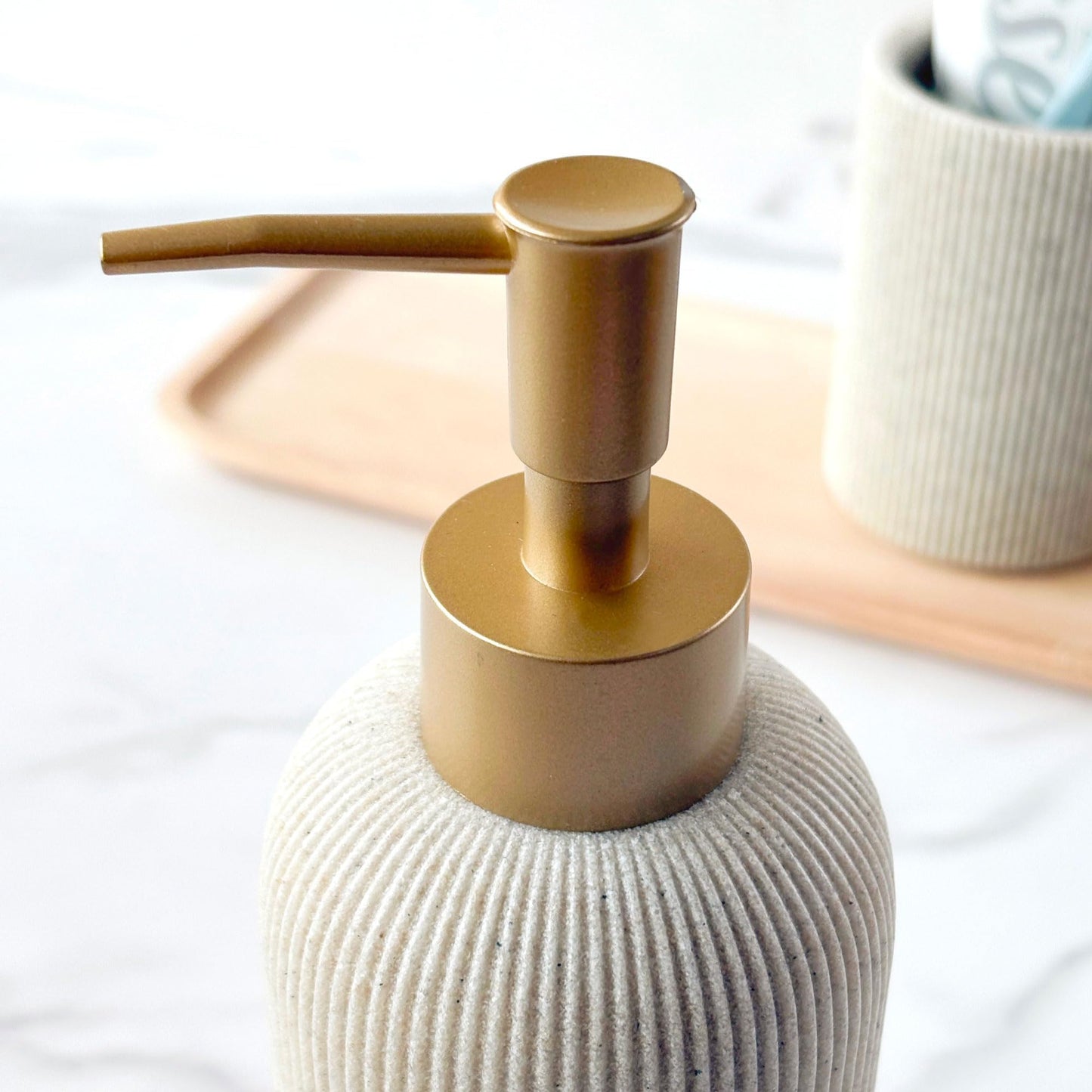 Sand Beige Hand Soap Dispenser with Matte Gold Pump, 7 oz