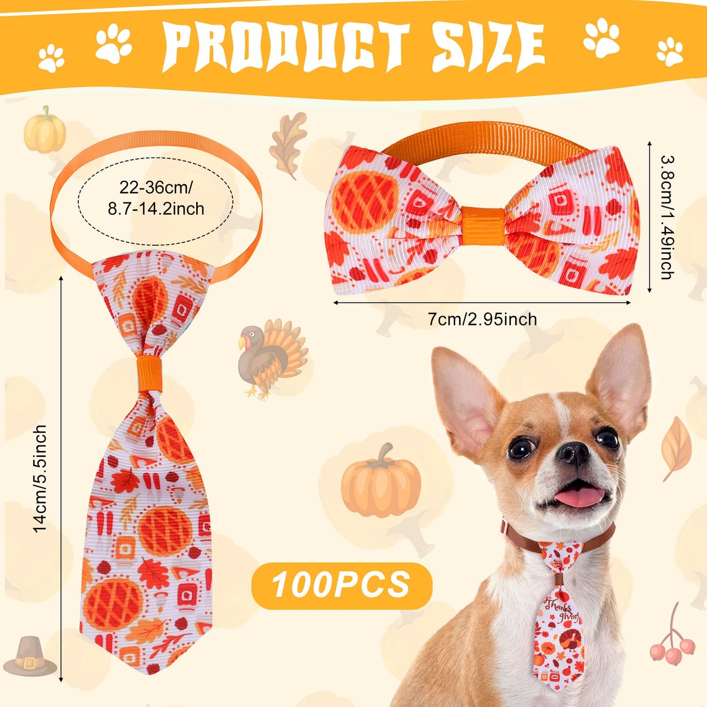 Reginary 100 Pieces Thanksgiving Dog Bow Tie Collar Set with 50 Bow Tie and 50 Necktie Thanksgiving Fall Halloween Themed Pet Decoration for Small Medium Pet Cat Supply