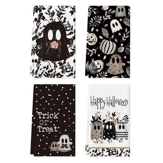 Artoid Mode Polka Dot Black Ghost Pumpkin Halloween Kitchen Towels Dish Towels, 18x26 Inch Farmhouse Flower Decoration Hand Towels Set of 4
