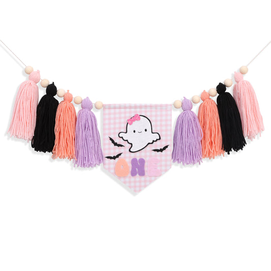 Spooky One High Chair Banner for Girls - Pink Ghost Yarn Tassel Highchair Banner, Halloween 1st Birthday Decorations, Our Little Boo is One Birthday Decor