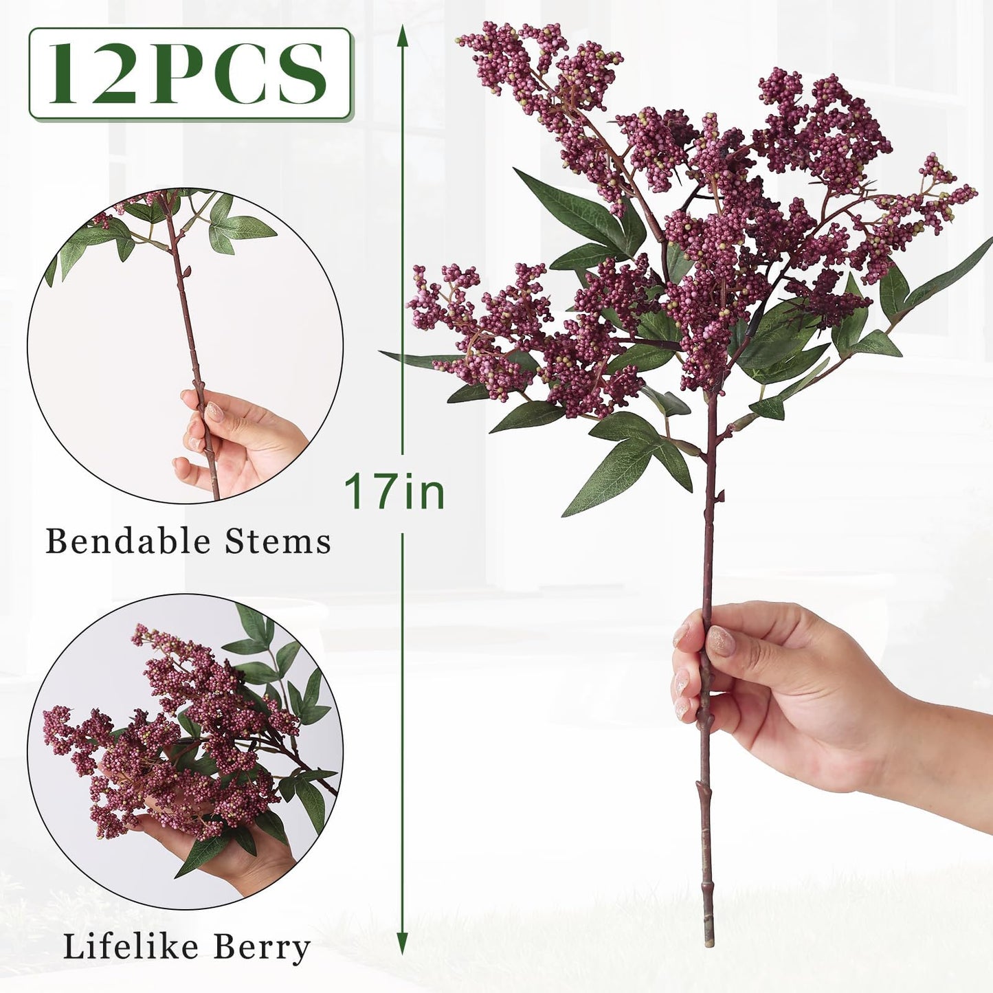 12 Pcs 17" Artificial Nandina Berry Stem, Faux Berry Spray(Dusty Plum)