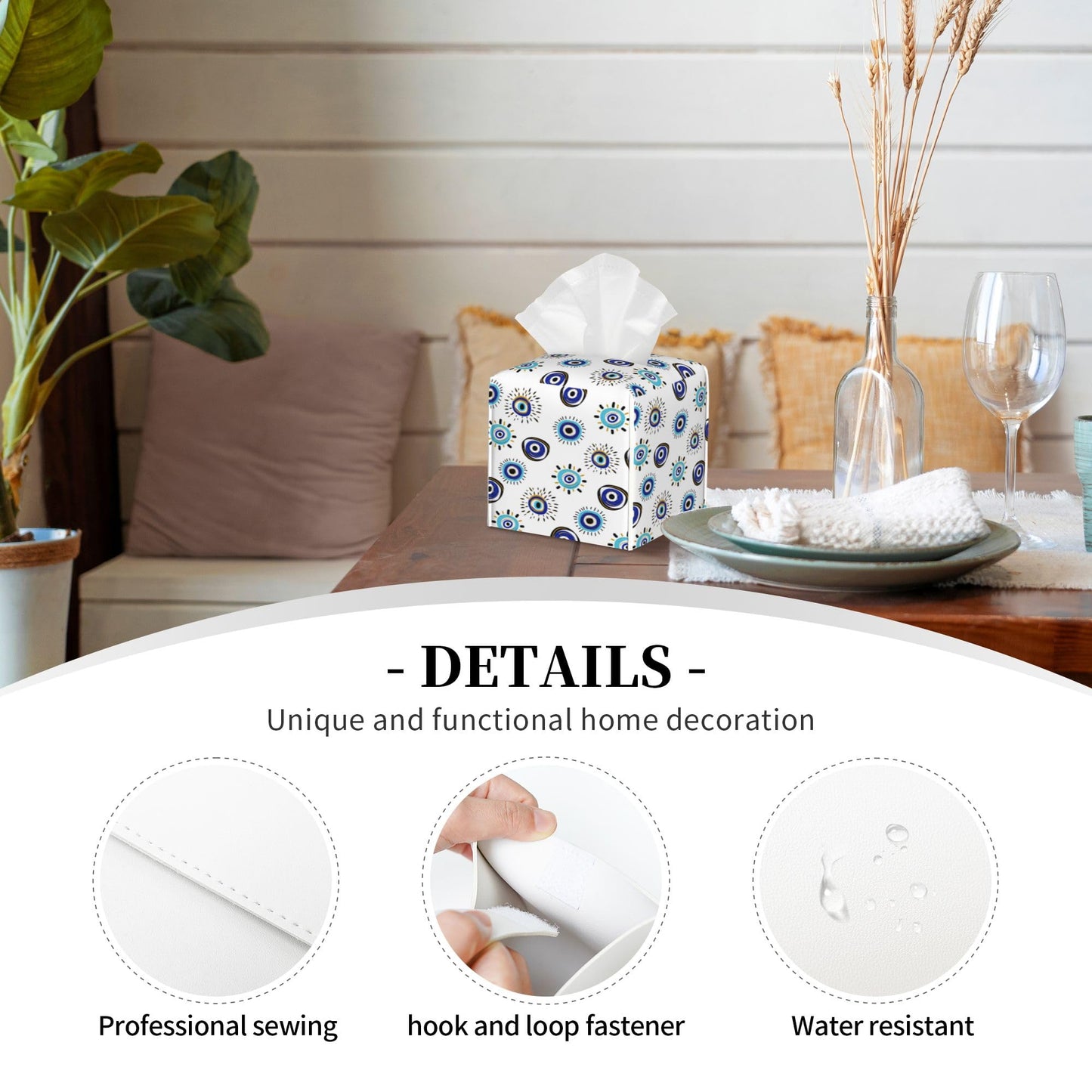 POIUBLE Evil Eye Tissue Box Cover Leather Tissue Box Holder Square Facial Paper Organizer Dispenser for Bathroom Kitchen Bedroom Vanity Countertop Night Stands