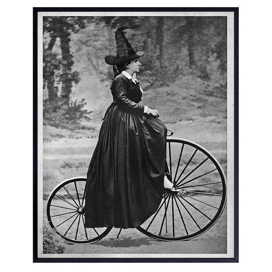 Vintage Witch Room Decor - Pagan Gifts - Wicca Wiccan Witchcraft Supplies Wall Art - Gothic Goth Home Decor - Black Magic Wall Print - Witchy Room Art - Witch on Bicycle Print - Halloween Decorations