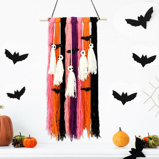 FYSUIMU Halloween Decorations Ghost Wall Hanging Cute Ghost Bat Woven Flag Banner for Wall Home Indoor Outdoor Party Supplies Spooky Season Decor