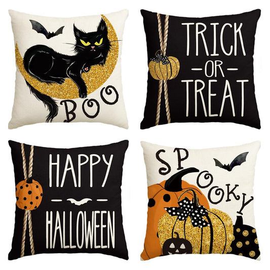 AVOIN colorlife Happy Halloween Boo Black Cat Trick or Treat Throw Pillow Covers, 18 x 18 Inch Spooky Pumpkin Bat Cushion Case for Sofa Couch Set of 4