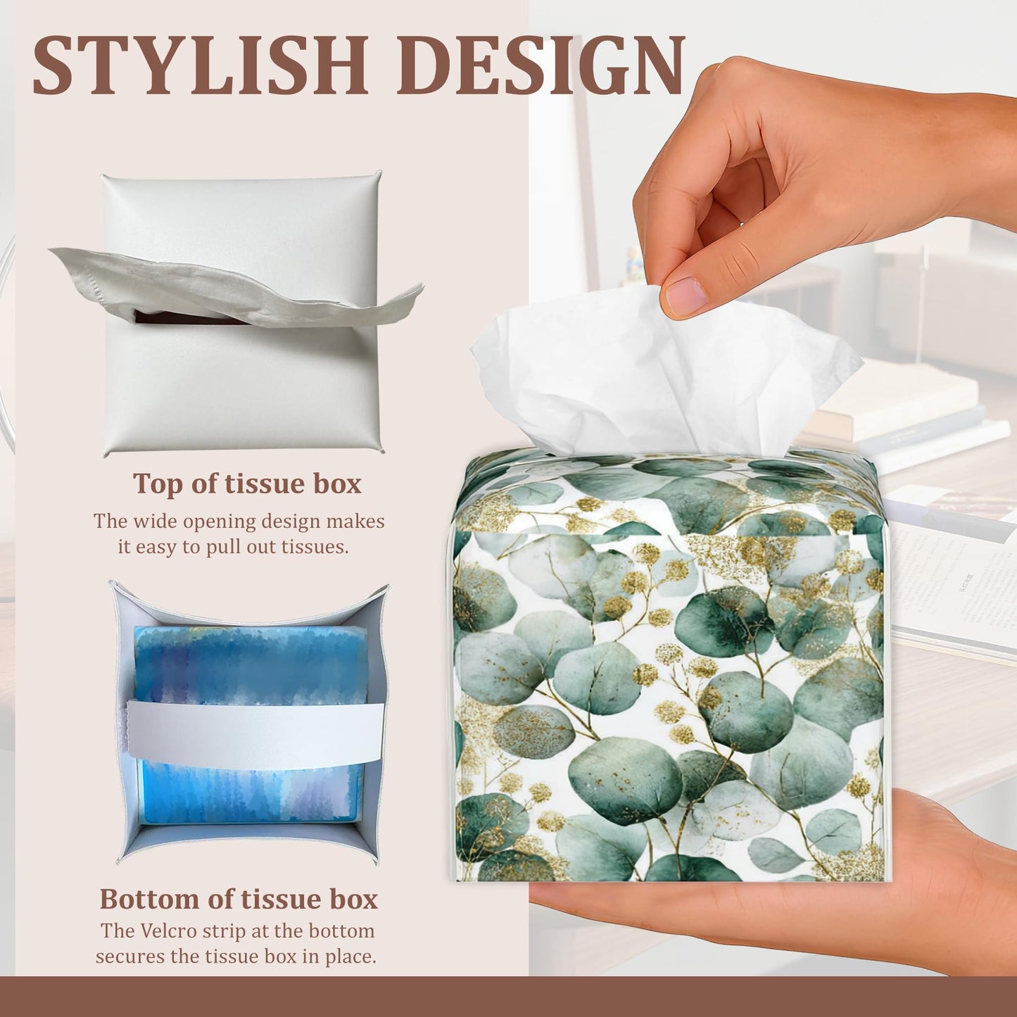 Eucalyptus Leaves Tissue Box Cover 2Pcs PU Leather Tissue Box Holder for Home, Square Tissue Holder for Harvest Autumn Season Halloween Thanksgiving Gift