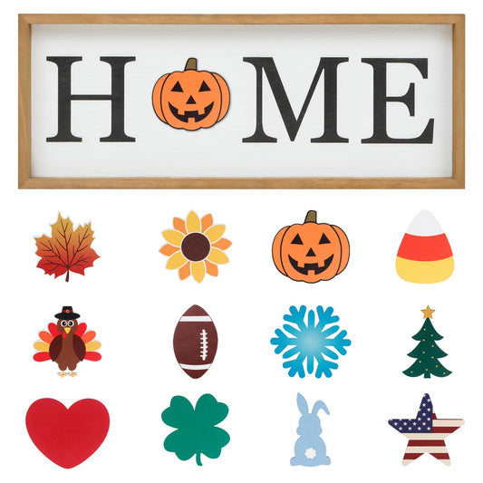 Interchangeable HOME Seasonal Tabletop Sign with 12 Pcs Seasonal Icons Wooden HOME Sign for All Seasons Shelf Mantel Windowsill Decor