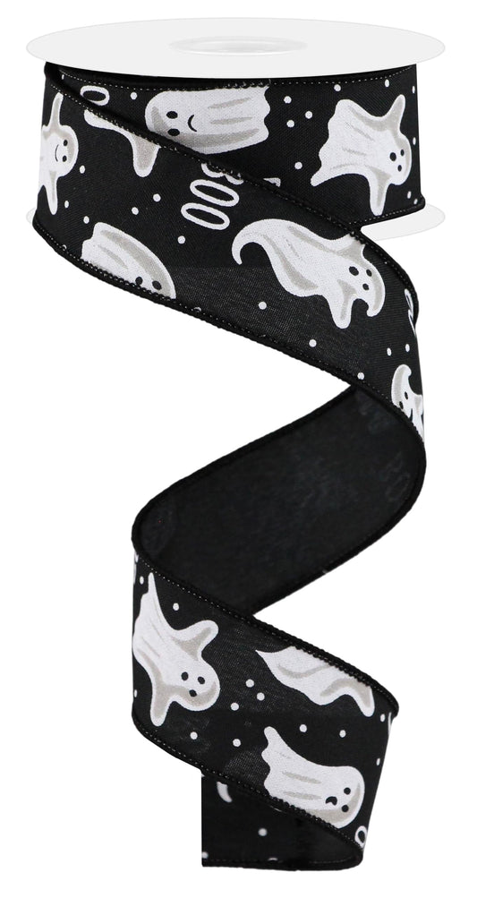 RG Ribbon Halloween Ghosts and Polka Dots, Wired Edges (Black, White, 1.5" Inches x 10 Yards)