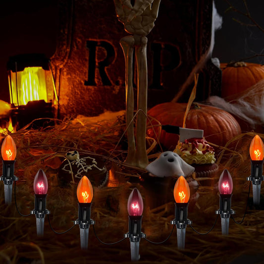 Halloween Pathway Lights Outdoor,19.5Ft C9 Halloween Stake Lights with 10 Clear Orange Black C9 Bulbs, Connectable String Lights for Indoor Outdoor Party Home Garden Porch Decor