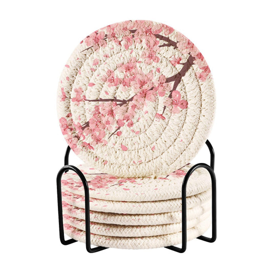 FENOCHE Pink Cherry Blossom Coasters Set of 6 Absorbent Drink Coaster with Holder for Cup Coffee Table Home Decor 3.94 Inch