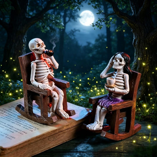 A Pair of Couple Skeletons Enjoying Leisure Time on Rocking Chairs, Perfect for Romantic Afternoon Tea Decor, Suitable for Garden, Terrace, and Other Tabletop Ornaments for Halloween Decorations