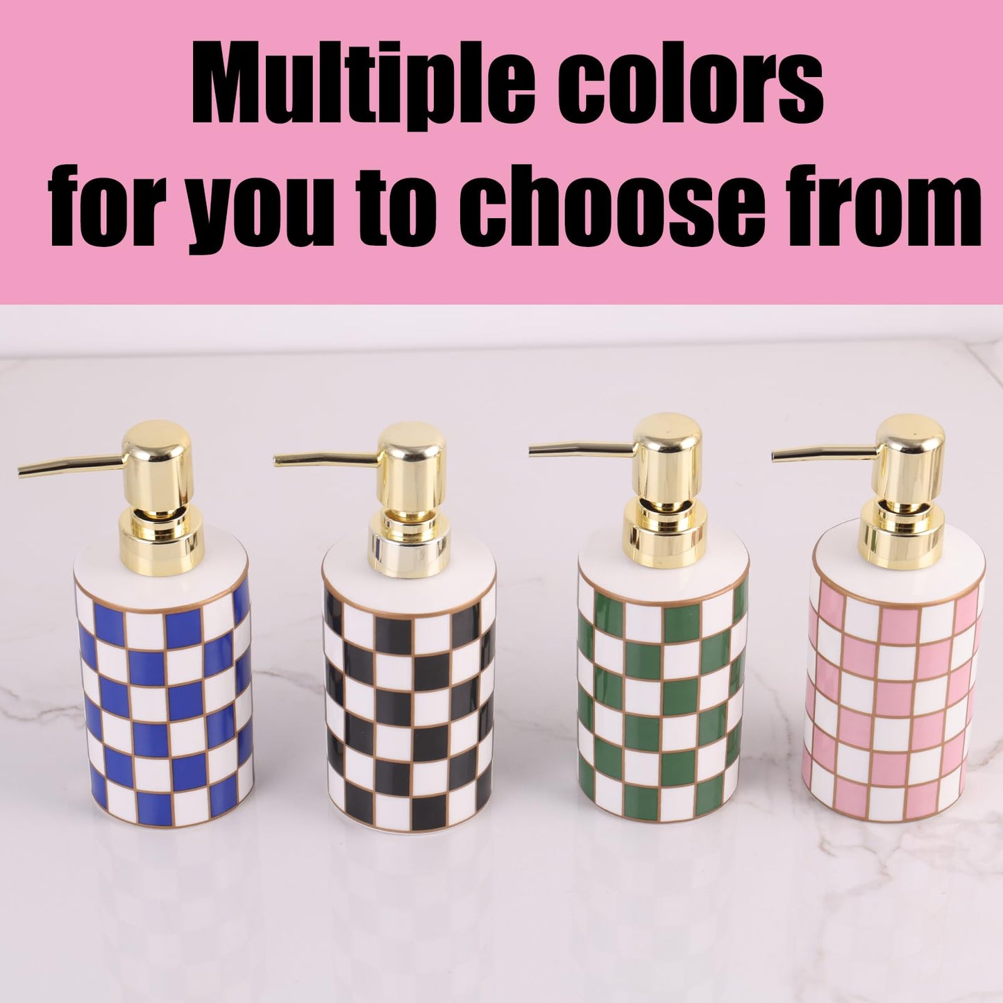 Checkered Bathroom Soap Dispenser,Gold Pump Ceramic Soap Dispenser,Kitchen Checkerboard Empty Pump Bottle,Bath Countertop Storage Organizer,Checkered Bathroom Decor (Green)