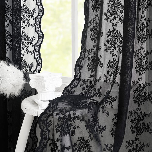 YJ YANJUN Vintage Lace Curtains 84 Inches Long-Victorian Floral Pattern Black Sheer Curtain Panels for Living Room Bedroom,Light Filtering, Gothic Witchy Halloween Drapes 2 Panels 52W x 84L