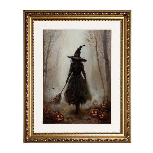 InSimSea Gold Framed Canvas Art Prints, Vintage Halloween Decor, 13x16inch, Spooky Witch Pumpkin Decor for Bedroom Kitchen Living Room Shelf Fireplace, Dark Academia Gothic Pictures