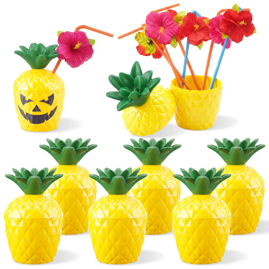 Yungyan 6 Sets Summer Halloween Pineapple Cups Drink Bottles with Ghost Facial Stickers & Straws for Summer Halloween Party Supplies Hawaiia Themed Hallows' Eve Ghost Tropical Favors Decorations