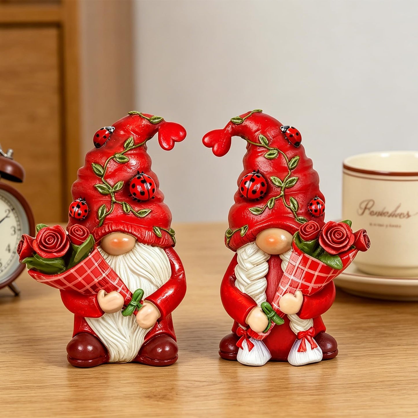 Eousera Red Roses Gnome Figurines - Indoor Home Office Spring Decor, Romantic Summer Gnomes Gifts for Women, Resin Ladybug Dwarf for Desk Shelf Decorations