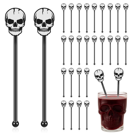 SiliFine 30 Pcs Halloween Swizzle Sticks Plastic Coffee and Cocktail Stirrers Fall Thanksgiving Drink Stirrers Cocktail Mixers for Halloween Fall Autumn Party Tea Coffee Bar Decoration(Skull)