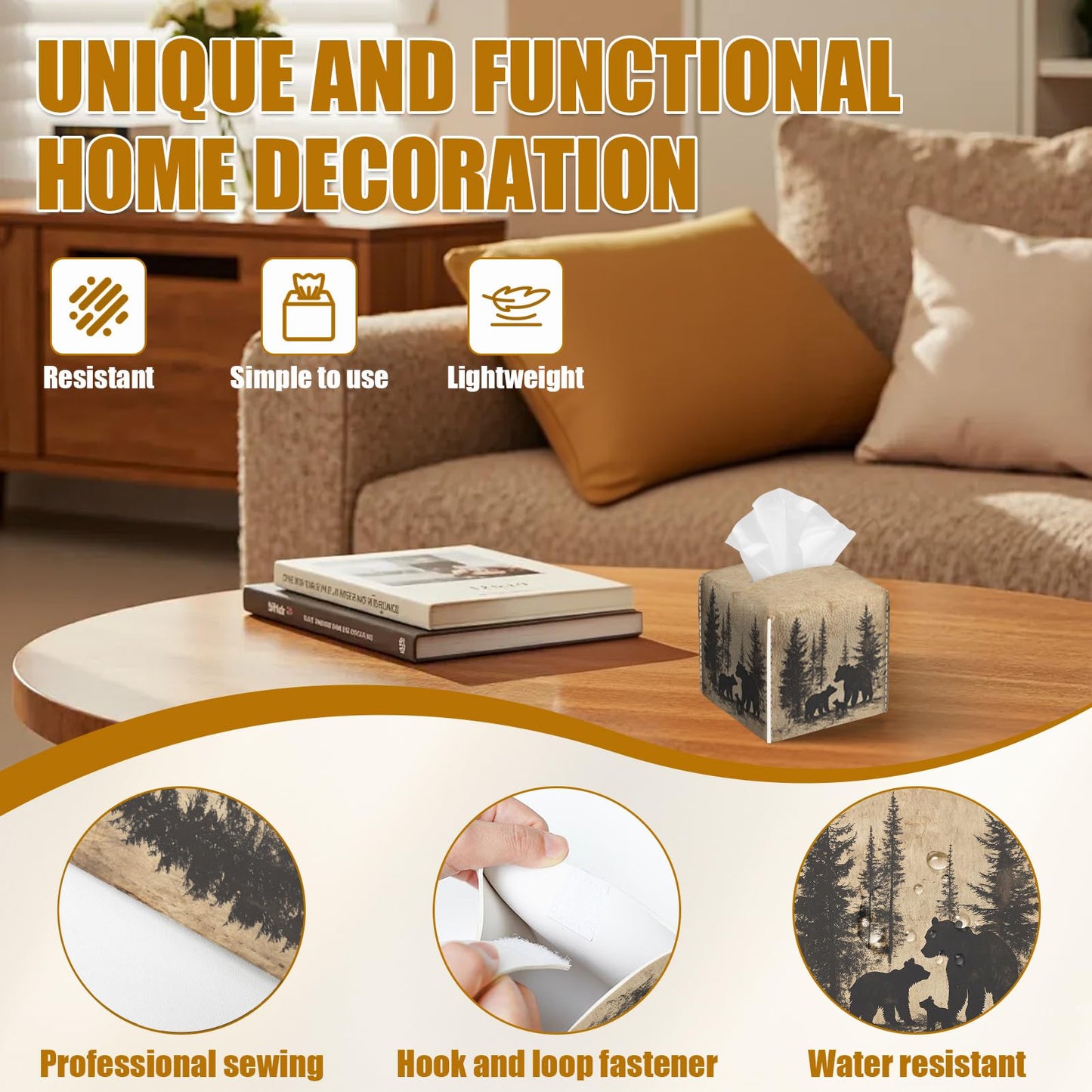 Bear Pine Tree Tissue Box Cover 2PCS, Leather Tissue Box Holder Square Facial Paper Case Tissue Box Cube Organizer for Bathroom Bedroom Desk Office