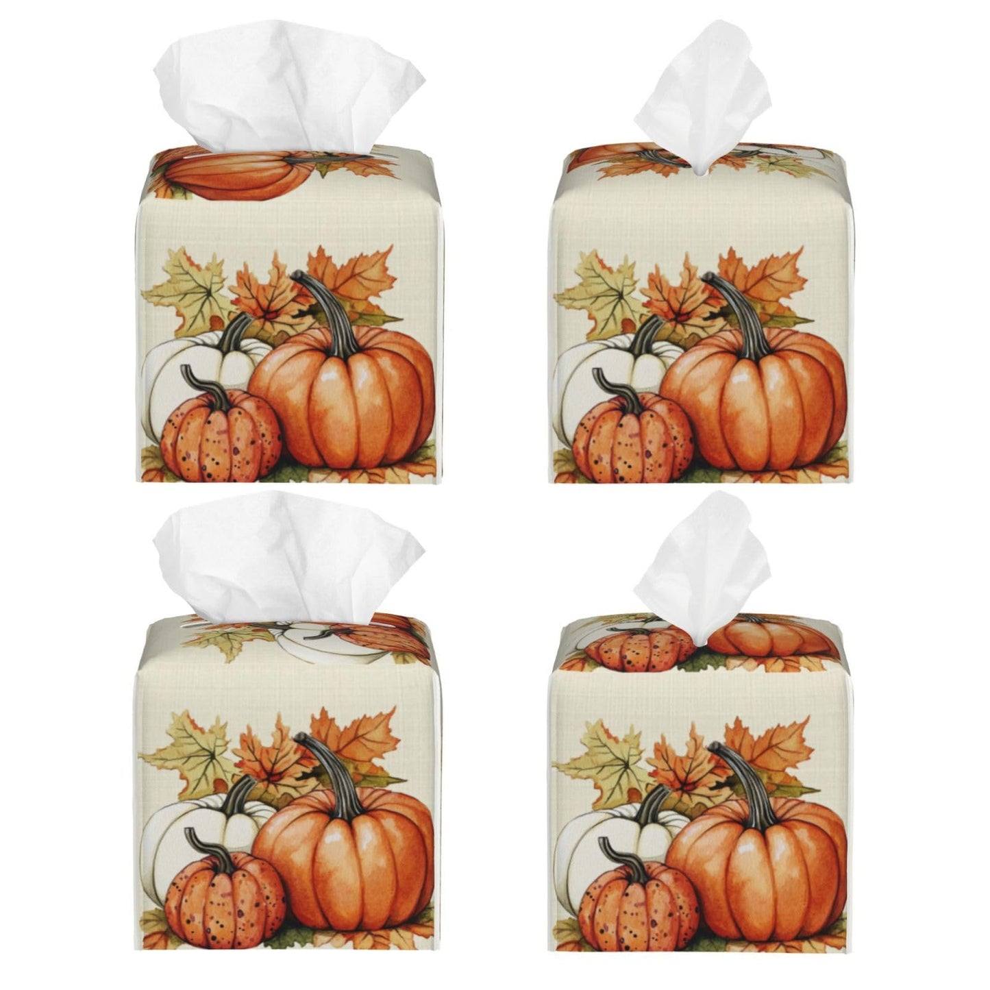 Pumpkins Fall Tissue Box Cover Autumn Leaves Square Leather Tissue Case Holder Facial Paper Organizer Decorative for Tabletop Night Stands Desk Bathroom Kitchen Car Office Home Decor